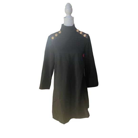 Tuckernuck Women's Black Mod Ellie Long-Sleeve Gold Button Swing Mini Dress Medi - Picture 1 of 5